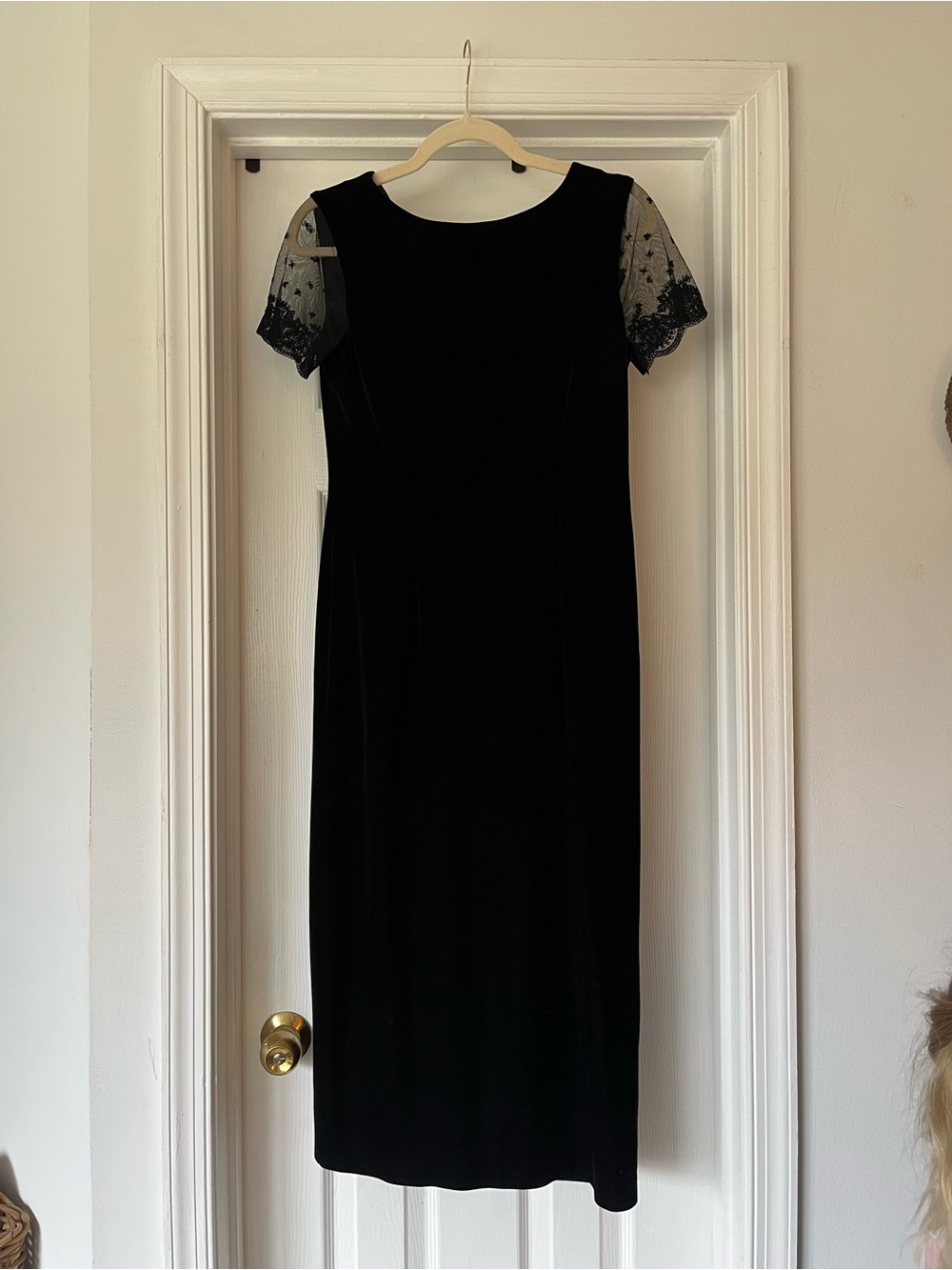 Vintage Black Velvet Midi Dress with Lace Cap Sleeves